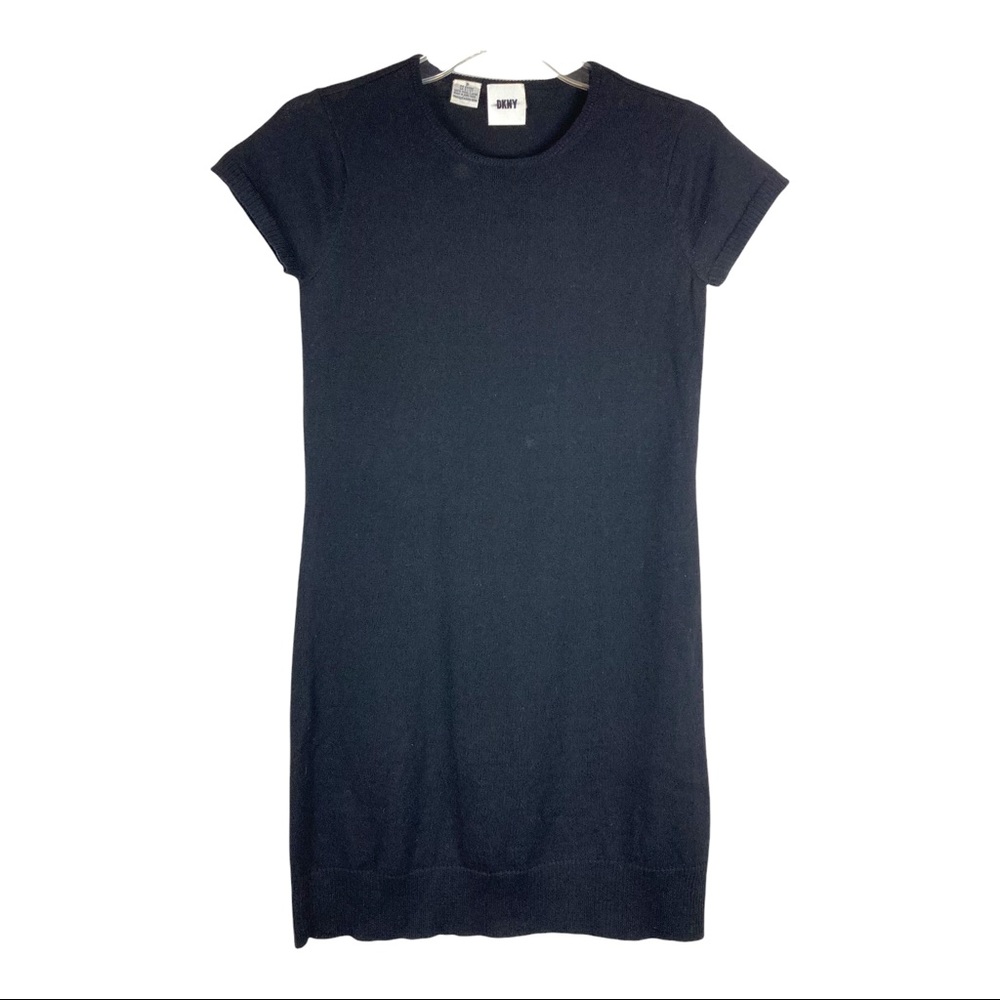 DKNY Black 100% Wool Short Sleeve Mini Sweater Dress Thin Womens Size P